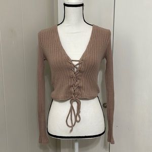 Forever 21 Tan Lace Up Sweater Knit Long Sleeve size S